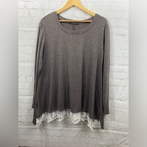 Sanifer Tunic Womens Size Large Taupe Long Sleeve Perk A Boo Lace Hem Detail Top